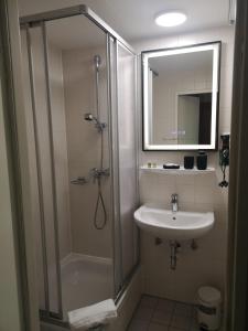 ein Badezimmer mit Dusche und Waschbecken in der Unterkunft Hotel Burgblick Meißen in Meißen