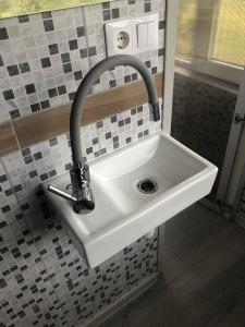 a bathroom sink with a faucet on a wall at Virši Mājīga Māja in Stropi