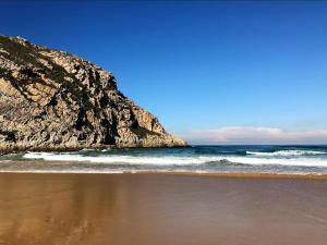 a beach with a large rock in the ocean at Bookings By Oupa Daan in Natureʼs Valley