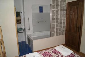 a bathroom with a shower with a glass block wall at Casa del Renacimiento in Alcaraz +38 photos