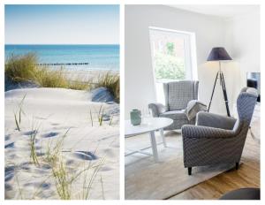 a living room with a chair and a table in front of the beach at Fairschlafen am Hafen in Neustadt in Holstein