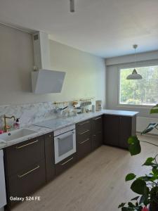 a kitchen with a sink and a stove top oven at Asunto Kitee in Kitee +4 photos