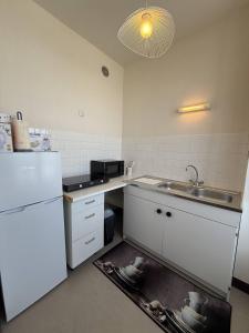 een keuken met een wastafel en een witte koelkast bij Appartement Quartier des Mielles Vue mer in LʼIsle-Saint-Cast