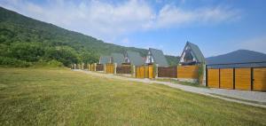a row of houses in a field next to a hill at Cafe Del Montana in İsmayıllı