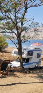 ein Wohnmobil, das neben einem Baum am Strand geparkt ist in der Unterkunft Camping Principata 