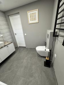 a bathroom with a white toilet and a sink at Florina namai in Marijampolė