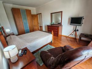 a bedroom with a bed and a couch and a television at Casa Jugueiros in Viseu