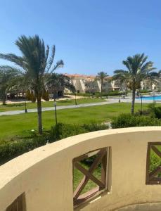 a wall with a window in a park with palm trees at Stella villa in Al Wiḩdah +5 photos