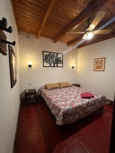 ein Schlafzimmer mit einem Bett und einer Holzdecke in der Unterkunft Hostal Rustyk in Cafayate