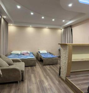 トビリシにあるApartment in Tbilisi Center on Veraのリビングルーム(ベッド2台、暖炉付)