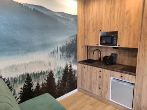 a kitchen with a large window with a mountain view at Willa Zuzanna Apartamenty in Ustroń
