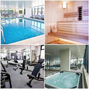 a collage of four pictures of a pool with exercise equipment at Nik and dom Alezzi studio in Mamaia Sat/Năvodari