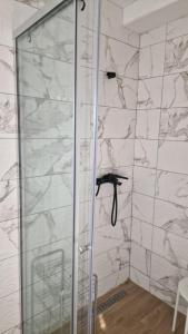 a shower with a glass door in a bathroom at Sunset Villa in Bar