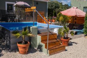 a swimming pool with potted plants and an umbrella at Farm Lodges Olive, Casa Bougainvillea in Moncarapacho