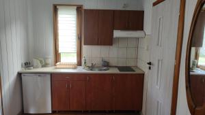 a kitchen with wooden cabinets and a sink and a window at Amber Coast - Domek nr 4 in Jantar