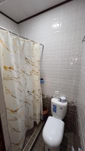 a bathroom with a toilet and a tiled wall at B&B Giza in Samarkand