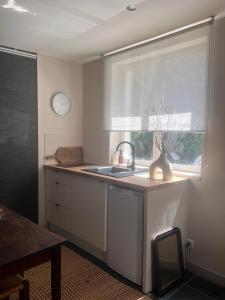 a kitchen with a sink and a window at Petite maison en bois Sauternais in Illats
