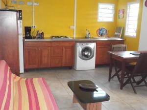 a kitchen with a washing machine and a table at Koté Man Fifi in Cayenne