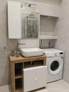 ein Badezimmer mit Waschbecken und Waschmaschine in der Unterkunft Petit Maison in Castellammare di Stabia + 6 Fotos