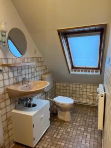 a bathroom with a sink and a toilet and a window at Dänishe Wohnung auf Fehmarn in Fehmarn +8 photos
