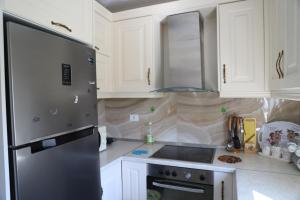 een keuken met een roestvrijstalen koelkast en witte kasten bij Shtepi Pushimi Alesjo in Korçë