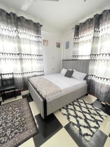 a bedroom with a bed and curtains and a chair at Studio apartment Mwenge in Dar es Salaam