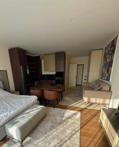 バクーにあるSea Breeze, Park Residence 2 with Seaviewのベッドとリビングルームのある寝室