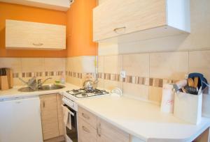 een keuken met een wastafel en een fornuis top oven bij Apartament Plaża in Gdańsk