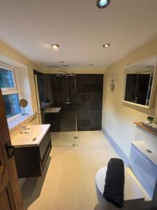 a bathroom with a shower and a sink and a toilet at Park Lodge with Hot Tub in Glossop