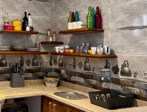 a kitchen with a sink and some bottles on the wall at Ma Maison Cleopatra DELUXE in Alexandria