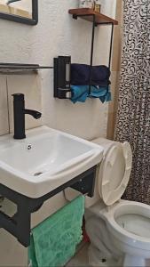 une salle de bain avec un lavabo et des toilettes dans l'établissement Casa con Alberca en Ixtapa Zihuatanejo Internet, à Ixtapa