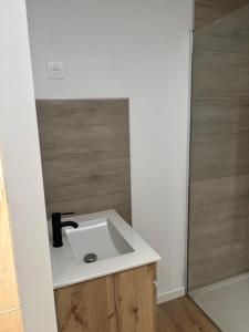 a bathroom with a white sink and a shower at T2 cosy & lumineux - face à la gare in Châtellerault