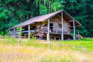 an old log cabin with a rusty roof in a field at Ubytování v divočině in Huntířov