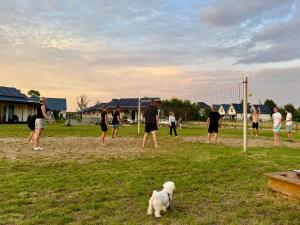 a group of people playing a game of soccer with a dog at Zakatek Baltyku - domki nad morzem i jeziorem in Jezierzany