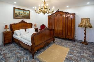 ein Schlafzimmer mit Bett, Holzmöbeln und einem Kronleuchter in der Unterkunft Villa Vintage -Room A 103 in Tomášikovo