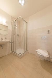 een badkamer met een douche, een toilet en een wastafel bij Hotel Gasthof Hainzinger in Einsbach