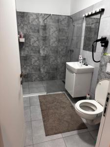 ein Badezimmer mit Toilette, Dusche und Waschbecken in der Unterkunft Twin Waves in Costinești