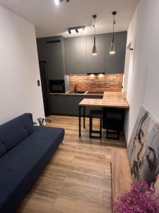a living room with a couch and a table at Loft & City MANUFAKTURA in Łódź