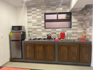 a kitchen with a refrigerator and a sink and a tv at La Casa de los Abuelos in Zacatlán