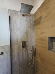a shower in a bathroom with a wooden wall at Villa Rosina in Saint Vincent +6 photos