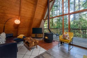 a living room with a fireplace and a television in a cabin at Star Nest - Secluded Forest Property in Gualala