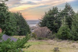 a view of the ocean from a house with trees at Riverview - Private Hot Tub - Sleeps 12 in Sea Ranch