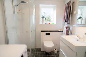 a bathroom with a toilet and a shower and a sink at 5-star homestay for 2 with breakfast, hot-tub, aircon and bikes in Ingarö