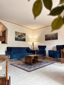 un salon avec des canapés bleus et une table dans l'établissement Sunrise Inn & Campo da Tennis, à Mezzenile