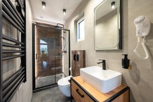 Un baño con lavabo, ducha e inodoro. en Stylowe domki Aurea 2, en Jastrzębia Góra 23 fotos más