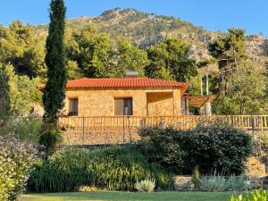 a stone house with a red roof in a garden at Pasithea Luxury Studio in Mikrós Prínos