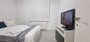 Ένα ή περισσότερα κρεβάτια σε δωμάτιο στο Claudiu Blue apartament's 9