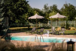 a group of chairs and umbrellas next to a pool at Villa Restart in Bijeljina