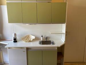 a kitchen with green cabinets and a sink at Il Rifugio del Mare Monolocale Vasto Marina in Vasto