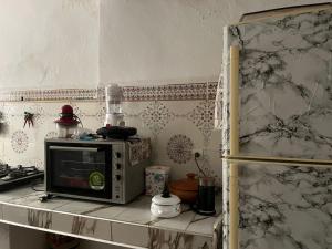 a microwave sitting on a shelf in a kitchen at Maison Ghali in Safi
